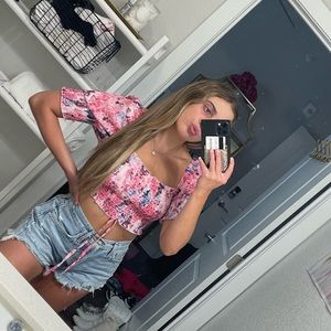 O.VIANCA Pink Floral Crop Top